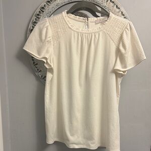 LOFT Cream Short-Sleeve Blouse with Smocked Yoke